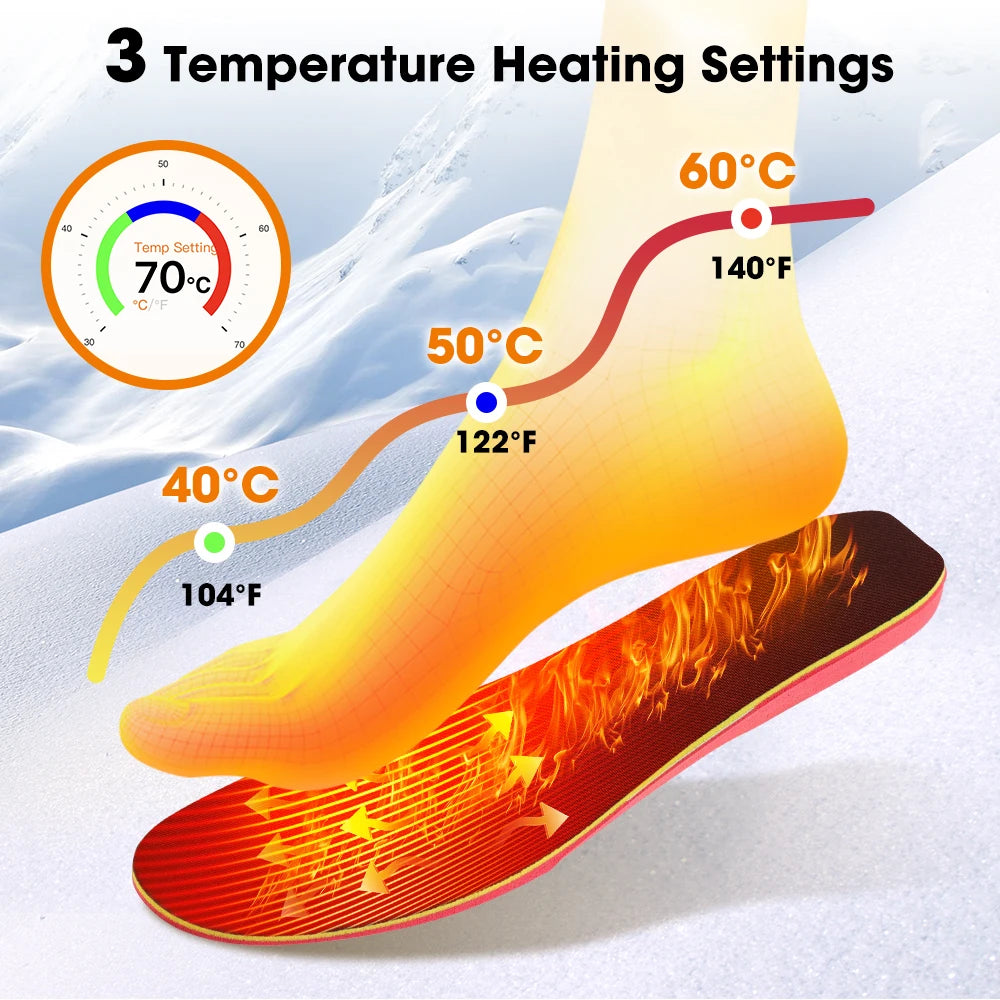 Heated Shoe Insoles Rechargeable App Control, 3000mAh 16H, 104-140°F Water-Resistant Heated Foot Warmer Shoe Inserts for Ski, Work, Hunting