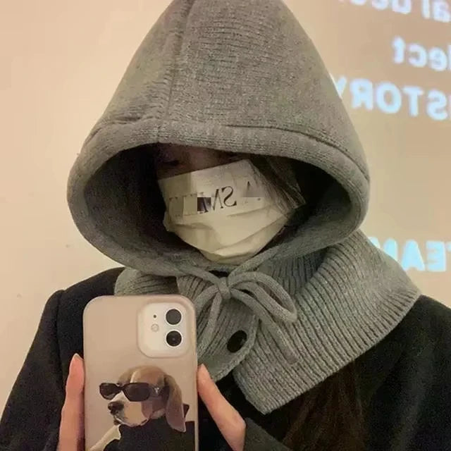 Adjustable Drawstring Knit Balaclava Hat with Button Collar Women Thermal Hooded Neck Warmer Autumn Winter Cold Weather Headwear