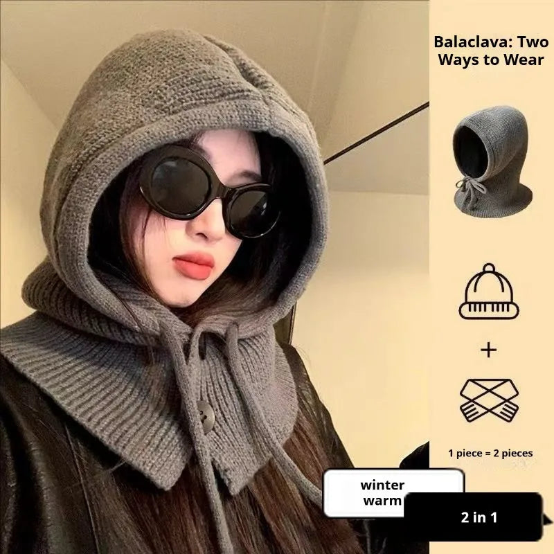 Adjustable Drawstring Knit Balaclava Hat with Button Collar Women Thermal Hooded Neck Warmer Autumn Winter Cold Weather Headwear