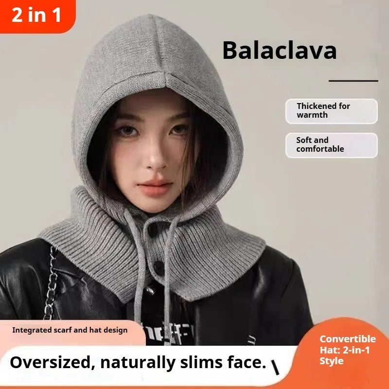 Adjustable Drawstring Knit Balaclava Hat with Button Collar Women Thermal Hooded Neck Warmer Autumn Winter Cold Weather Headwear