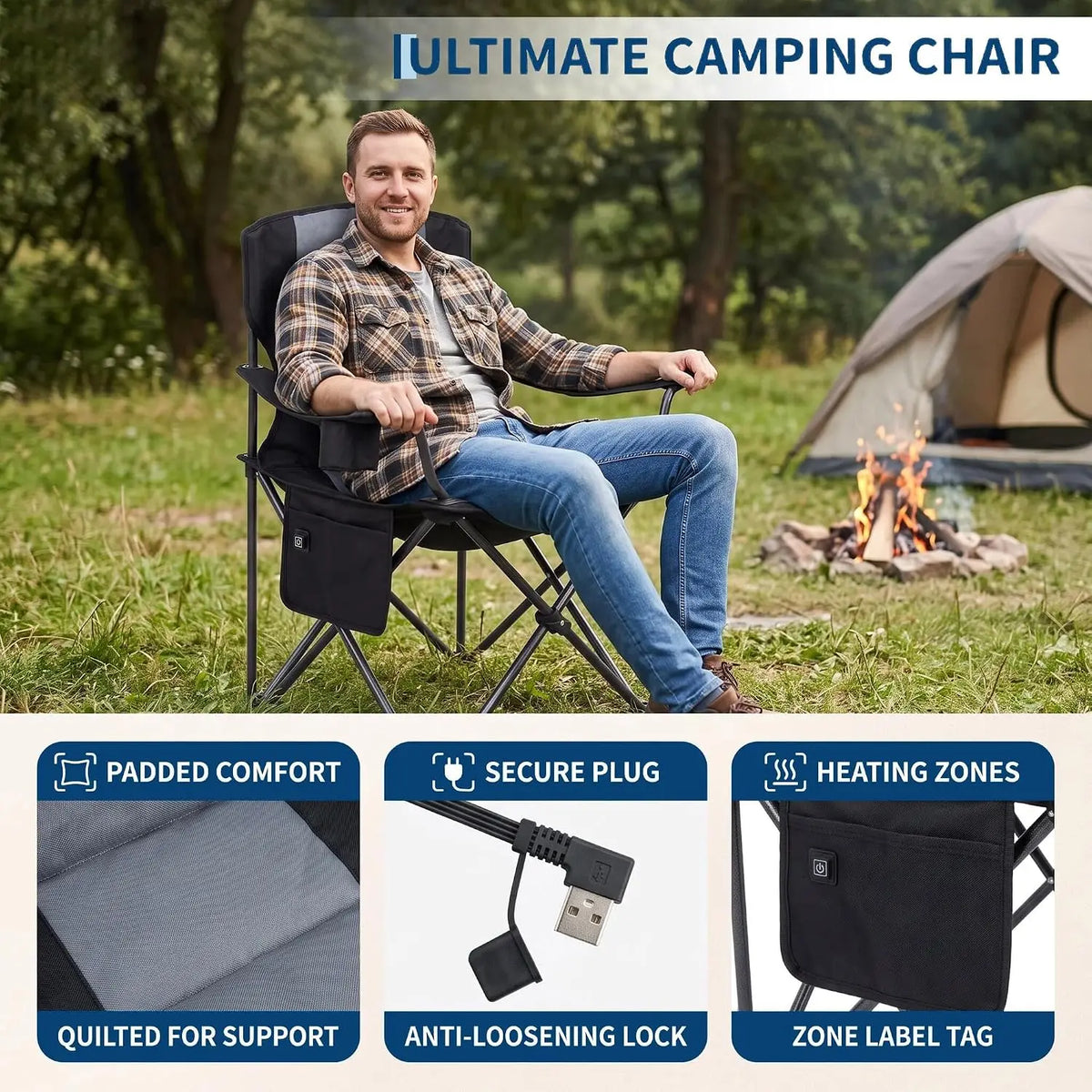 Heated Camping Chair For Adults, Dual-Zone Seat & Back, 3 Heat Levels, Folding Chair With Cup Holder & Storage Pockets, USB Powered