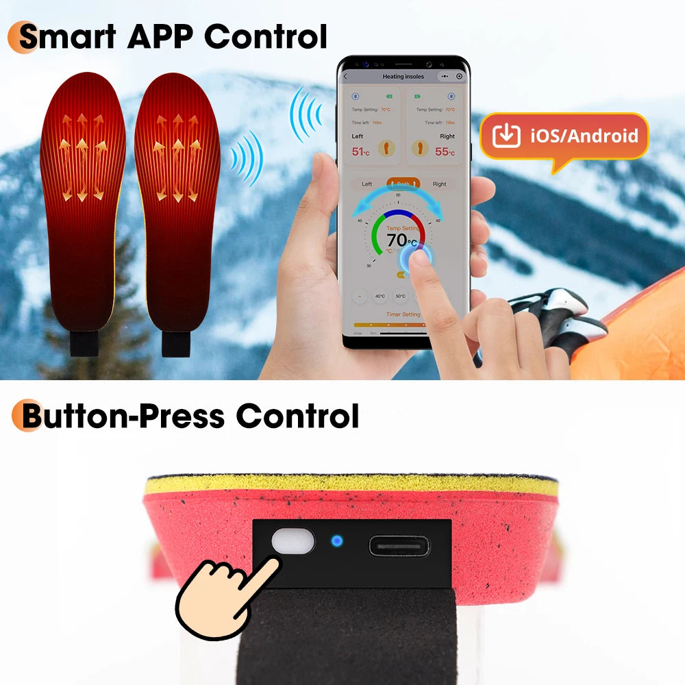 Heated Shoe Insoles Rechargeable App Control, 3000mAh 16H, 104-140°F Water-Resistant Heated Foot Warmer Shoe Inserts for Ski, Work, Hunting