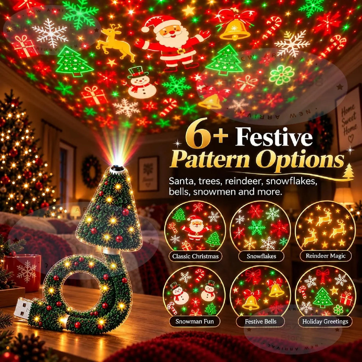 New Christmas Light Projector Easy To Connect USB Powered Christmas Night Light Includes 6 or More Festival Modes
