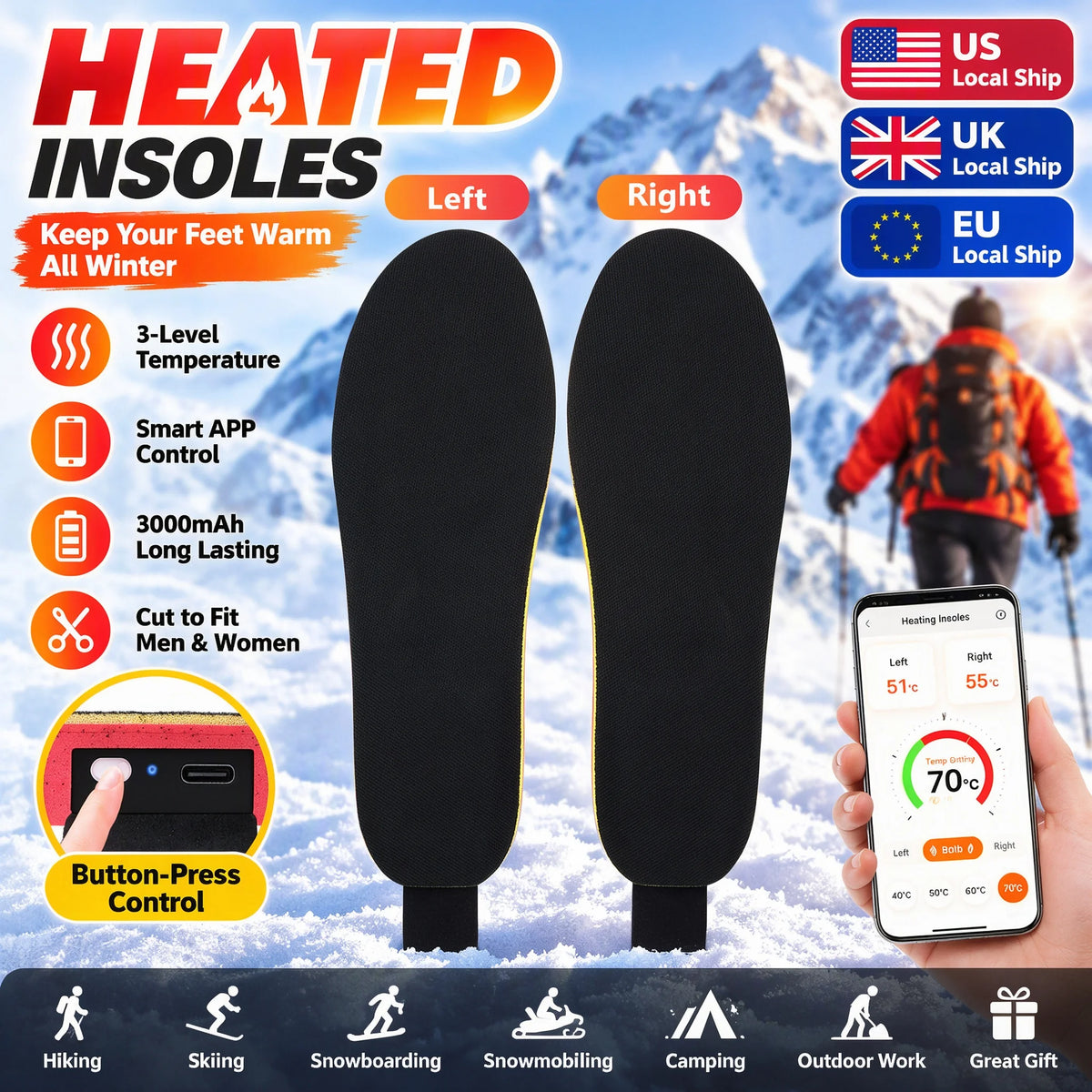 Heated Shoe Insoles Rechargeable App Control, 3000mAh 16H, 104-140°F Water-Resistant Heated Foot Warmer Shoe Inserts for Ski, Work, Hunting