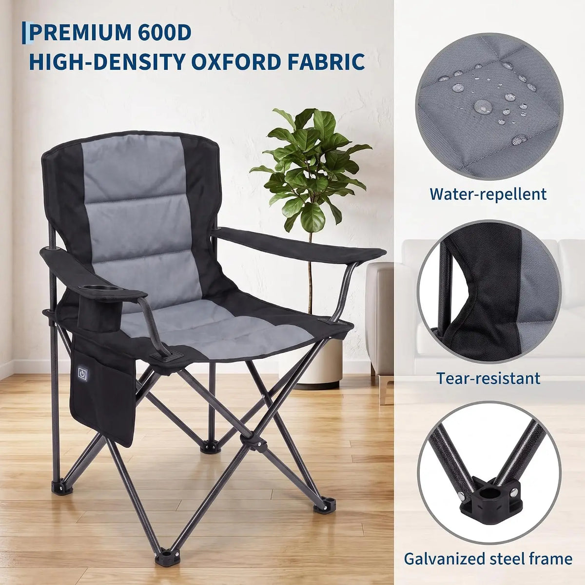 Heated Camping Chair For Adults, Dual-Zone Seat & Back, 3 Heat Levels, Folding Chair With Cup Holder & Storage Pockets, USB Powered
