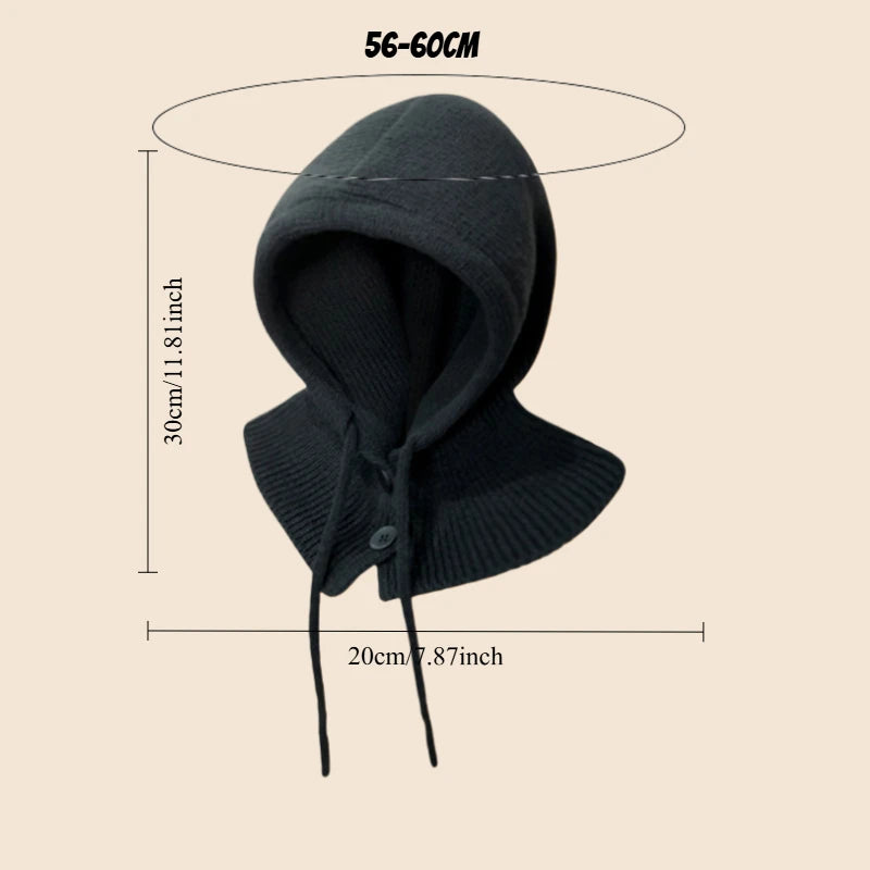 Adjustable Drawstring Knit Balaclava Hat with Button Collar Women Thermal Hooded Neck Warmer Autumn Winter Cold Weather Headwear