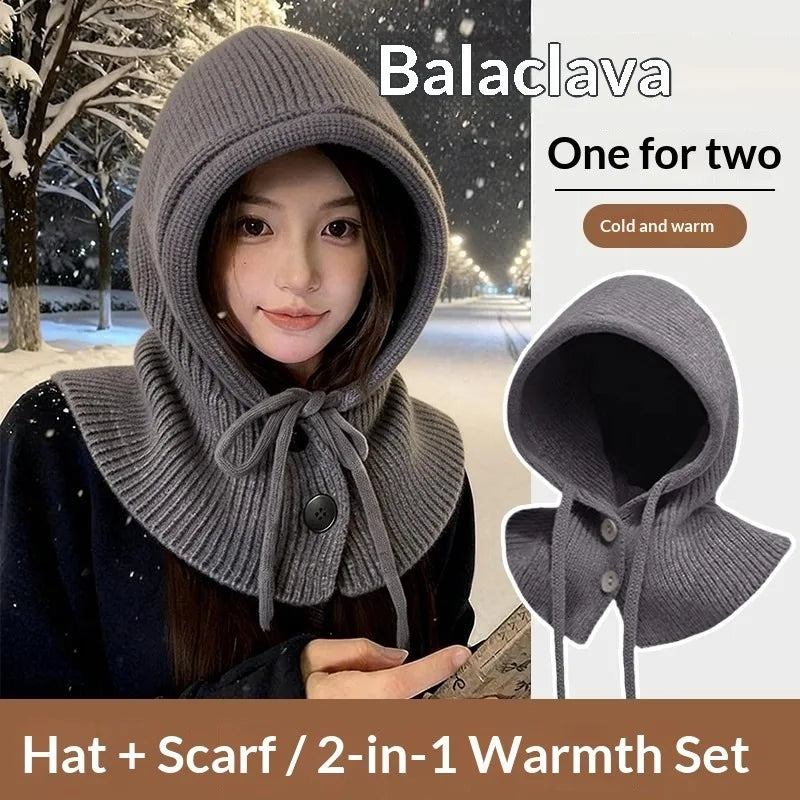 Adjustable Drawstring Knit Balaclava Hat with Button Collar Women Thermal Hooded Neck Warmer Autumn Winter Cold Weather Headwear